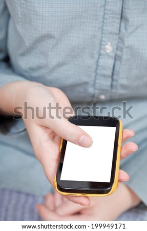 touchscreen phone with cut out screen in female hand