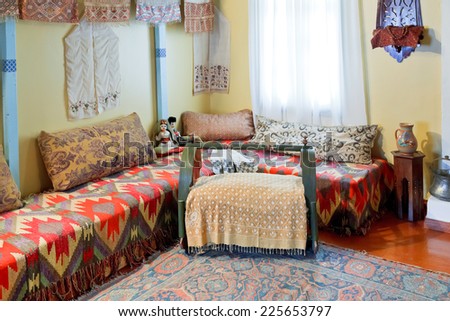 BAKHCHYSARAI, RUSSIA - OCTOBER 1, 2014: interior of living room in Khan\'s Palace (Hansaray) in Bakhchisaray. The palace was built in 16th cent. and became home for Crimean Tatar Khans