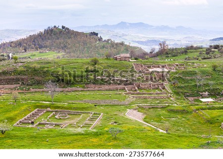 view of Morgantina archaeological site in Sicily in spring, Italy