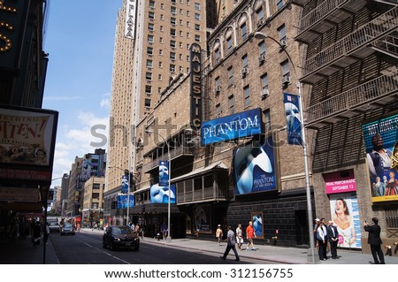 New York, New York - August 29, 2015 - Broadway\'s Majestic Theatre, featuring a marquee for the musical \