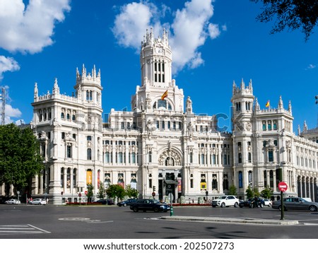 MADRID JULY 2, 2014  Cibeles Palace (Palacio de Cibeles): City Hall of Madrid (formerly Palace of Communication), cultural center and iconic monument of the city.  In Madrid, Spain on July 2, 2014.