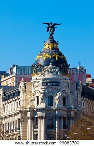 MADRID - MAR 11: Situated on Gran Via and is known Metropolis building a well-known image of the city on March 11, 2012 in Madrid, Spain . In 2011 we celebrated the centenary of the building
