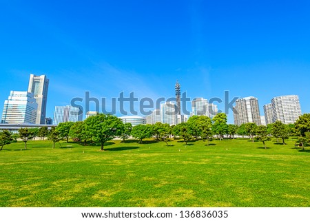 Scenic view of modern city viewed from Rinko-Park in Yokohama City, Japan.