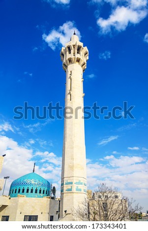Minaret of King Abdullah I Mosque in Amman, Jordan. It was built between 1982 and 1989.