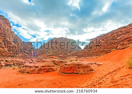 View of Jordanian valley in Wadi Rum, Jordan. It is known as The Valley of the Moon.