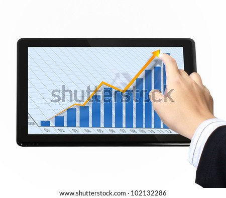 Businessmen, hand pointing on touch screen graph on a tablet  isolated on white background