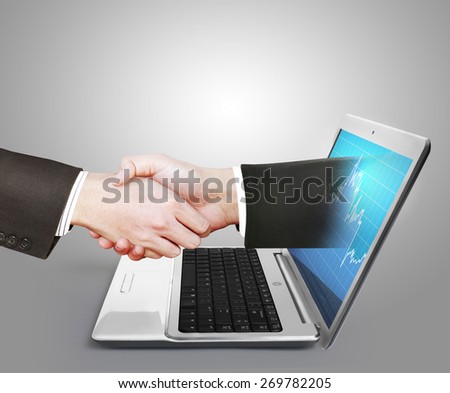 hand comes right out of the laptop screen to shake hands