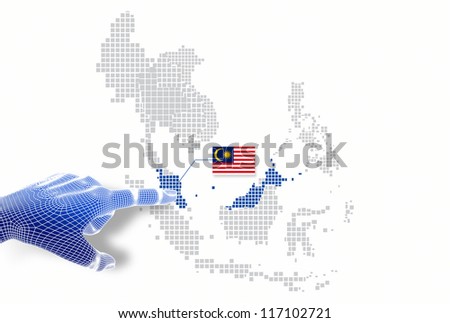 3d Finger touch on  display Malaysia map and flag.