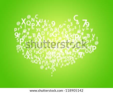 Heart shape from letters - typographic composition on green background