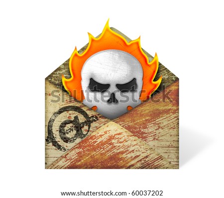 An illustration of an email virus. An envelope open with an emerging flaming skull coming out from inside the envelope.