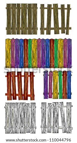 Collection of Wooden Isolated Fences on White Background, Multicolored, Vector Illustration