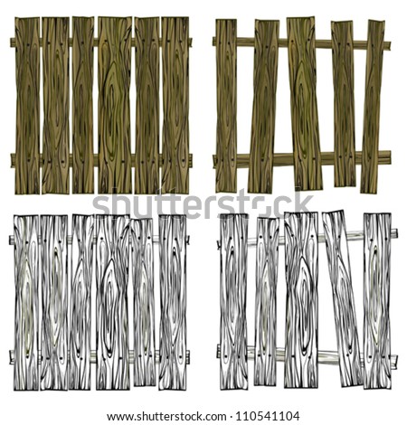 Collection of Wooden Isolated Fences on White Background, Vector Illustration, Flat Top