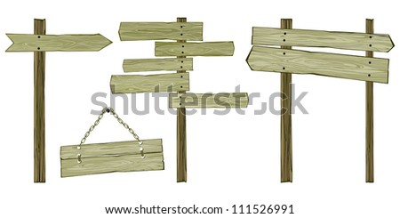 Set of Isolated Wooden Road Signs and Boards on White Background, Vector Illustration
