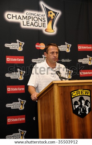 COLUMBUS, OH: AUGUST 18 - Coach Warzycha talks at the post match press conference after the Columbus Crew victory in Concacaf Champions League action at Crew Stadium, on August 19, 2009 in Columbus Ohio.