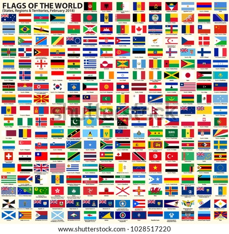 Flags of the world. Vector set of flags of Sovereign States, Regions and other Territories. February 2018. Each flag on separate layer with name. EPS10. Panama flag not included due legal reason