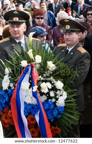 Celebration of May 9 Victory Day (Eastern Europe) in Riga at Victory Memorial to Soviet Army. Representatives of the Embassies of Russian Federation participating in flower laying ceremony.