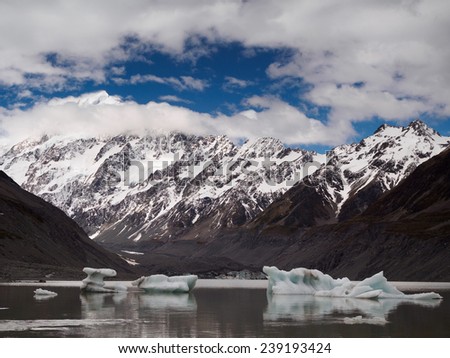 Hooker Valley Lake by Mt Cook, with icebergs on the lake and reflection