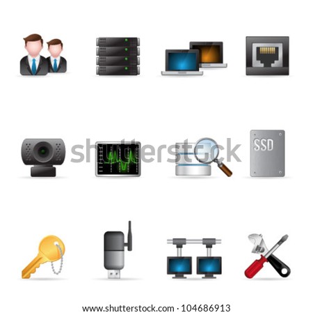 Computer network icon set. Transparent shadows placed on separated layer.