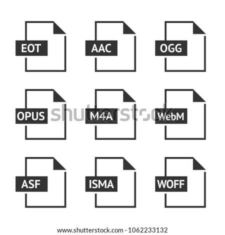 File format icon series in black and white. Web video and audio media. Vector illustration.