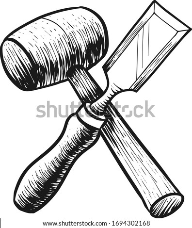 Chisel and mallet icon in sketch style. Woodworking tool vector illustration.