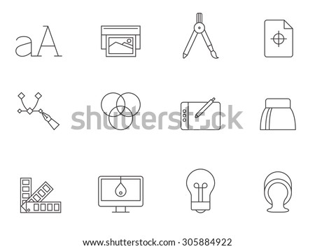 Printing and graphic design icons in thin outlines.