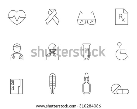 Medical icons in thin outlines. Doctor, surgeon, prescription.