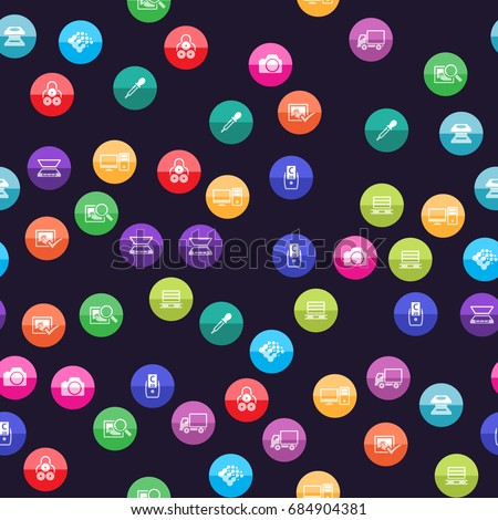 Printing & graphic design icon series in color circles. Seamless pattern. Background vector illustration.