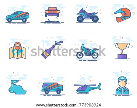 Rally related icons in flat color style. Vector illustration.