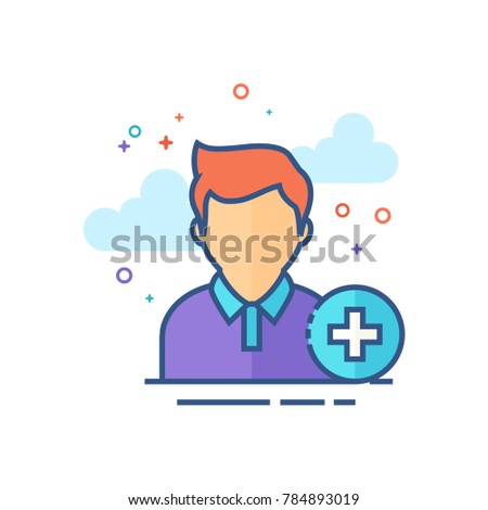Add friend icon in outlined flat color style. Vector illustration.