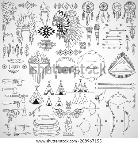 Collection of tribal doodle design elements: frames, arrows, bows, arms and headdresses. Vector illustration.