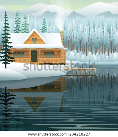 Vector winter landscape with mountain lake and wooden house