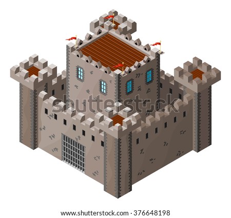 Isometric icon of medieval stone castle. Vector illustration.