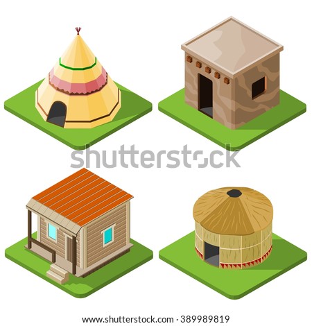 Set of nice looking bright isometric tribal native houses, huts and tents. Vector illustration.