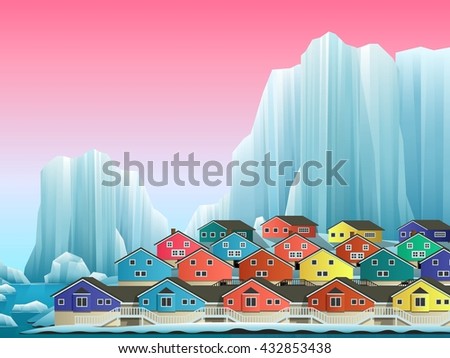 Illustration of arctic greenland town with bright houses. Vector winter landscape.