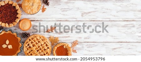 Selection of homemade autumn pies. Pumpkin, apple and pecan. Above view corner border on a white wood background with copy space.