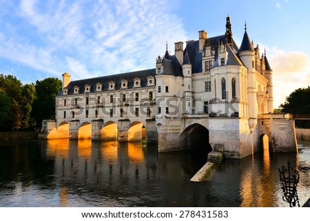 Beautiful Chateau de Chenonceau at dusk over the River Cher, Loire Valley, France