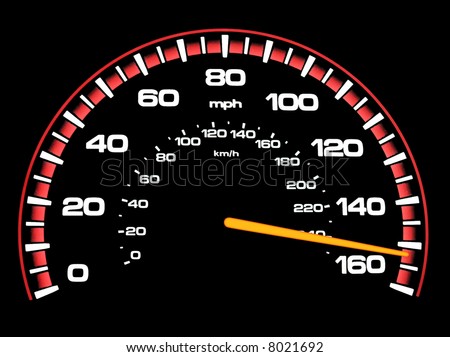 A speedometer with the speed reading 150+ mph.  Background is true black.