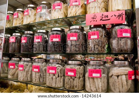 shark fins and animal intestines in jars displayed along the wall of a shop in Chinatown. Vancouver, Canada, British Columbia
