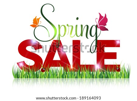 Seasonal sale offer message. Spring sale and grass with beautiful reflection on a white background.