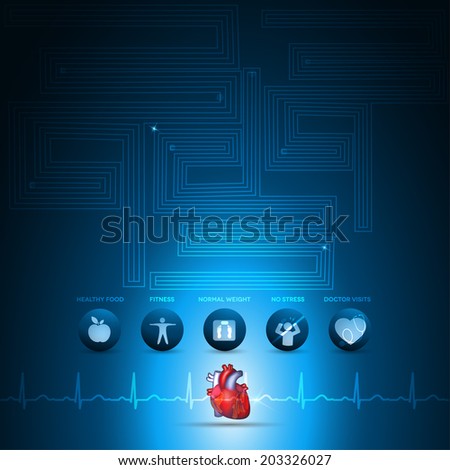 Heart health care info graphic, health care technology. Healthy food, fitness, no stress and healthy weight leads to healthy heart. Deep blue background and colorful realistic heart illustration.