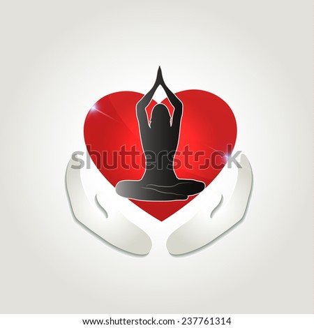 Healthy human health care symbol. Woman in yoga pose and abstract arms as health maintenance