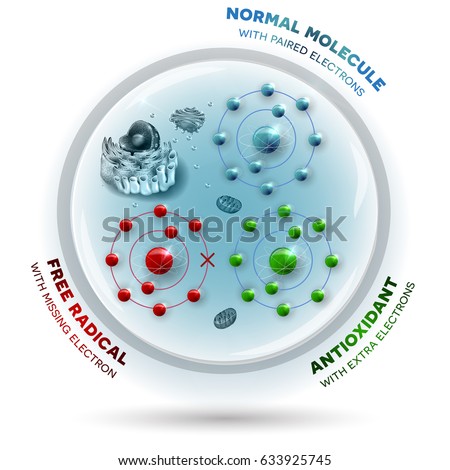 Three molecules inside the human cell: Free radical with missing electron, Normal stable molecule with paired electrons and Antioxidant with extra electrons which can be donated to free radical 