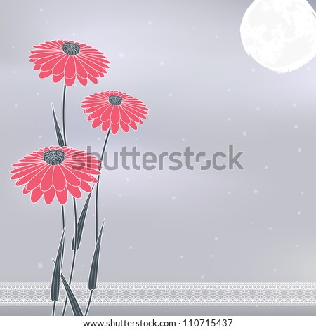 vintage pink flowers under the moon on abstract gray blurry background with lace decorated