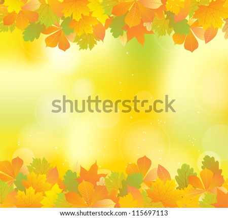 autumn frame with plant leaves on abstract blur yellow background
