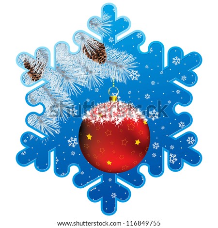 frame as showflake with christmas decor, fir branch and snowflake background