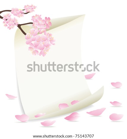 vector of flowering branch with frame and pink petals, season spring, landscape