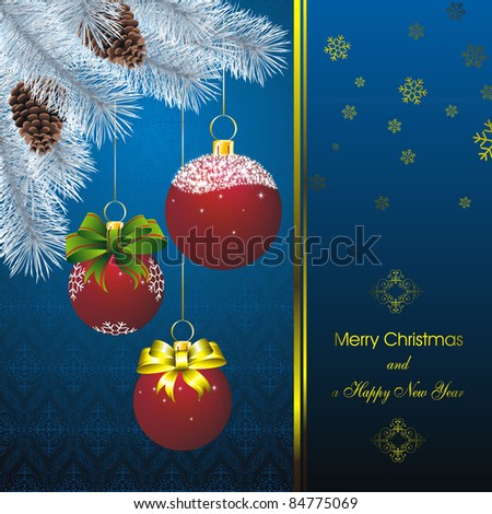 new year card with stars on orient blue pattern and blue fir and color christmas decorations