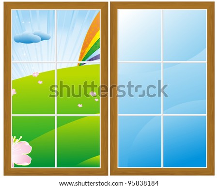 spring green meadow and rainbow after rain in window