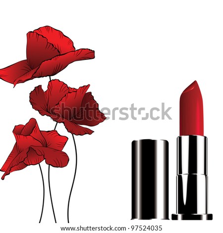 tube of red lipstick and three red poppies