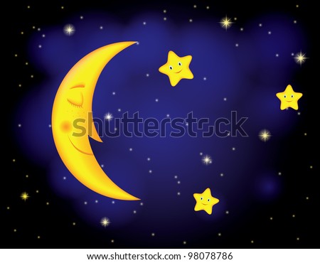 Cartoon Moonlit Night With Sleeping Moon And Smiling Stars Stock Photo ...